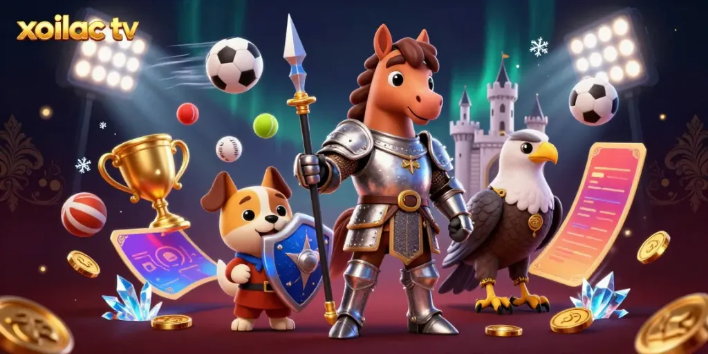 Experience the excitement of betting with Xoilac TV, featuring dynamic sports elements and engaging characters.