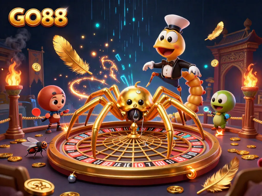 Engage with GO88 as a fly nervously bets alongside a golden spider and centipede croupier in a vibrant casino-themed scene.