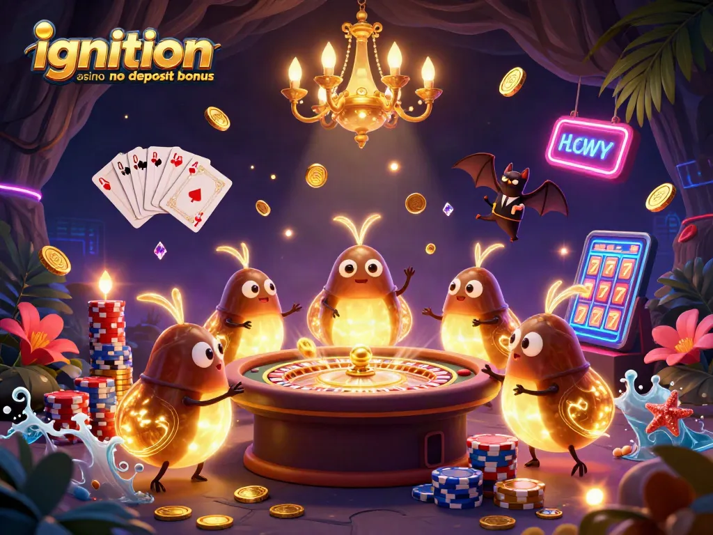 Experience the excitement of the ignition casino no deposit bonus with a vibrant 3D illustration of glowworms and a bat dealer in a lively casino setting.