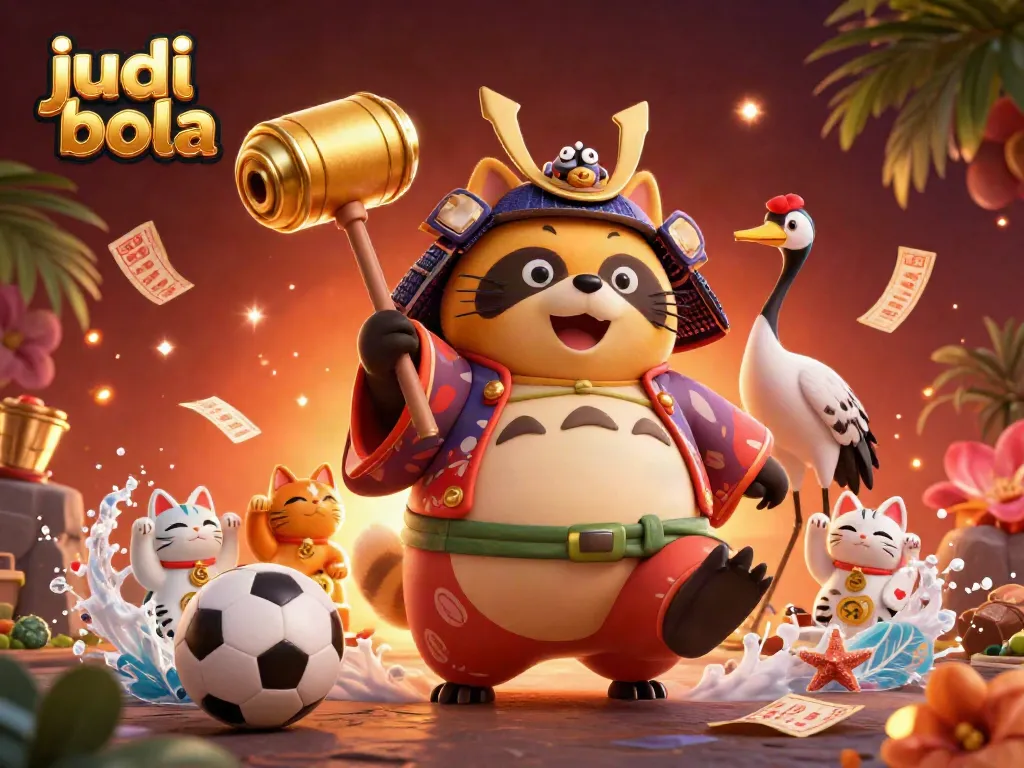 Engage in judi bola with a vibrant scene featuring a tanuki, crane, and waving fortune cats.