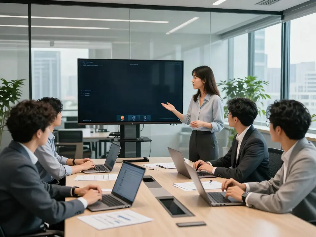 Team collaborating in deepfake free meetings at a modern office conference room.