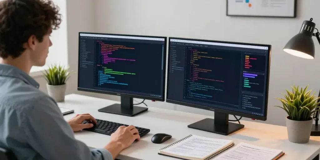 LLMO large language model optimization workspace with data analyst analyzing AI metrics.