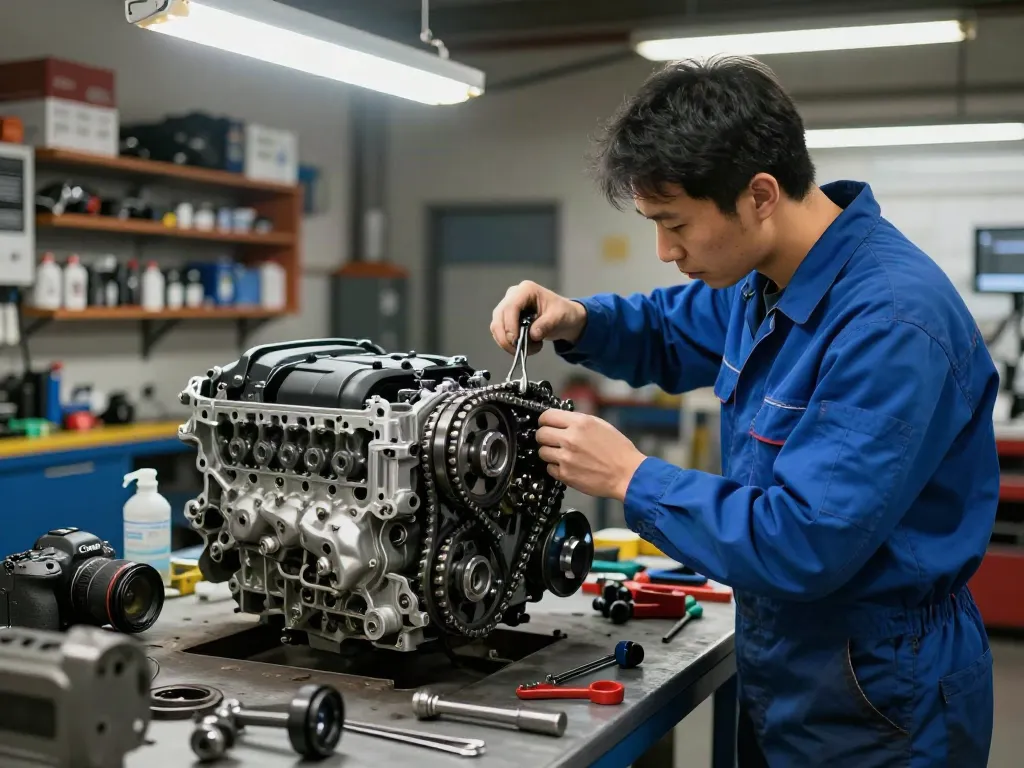 Mechaniker überprüft die BMW Steuerkette in einer Werkstatt in Hannover.