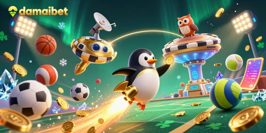 Experience thrilling gaming with damaibet as a golden penguin flies to a casino space station amid sports excitement.