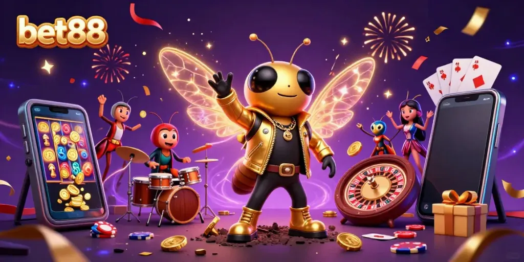 Experience the thrill of bet88 with a vibrant casino scene featuring a rock star, drummer, and crickets.