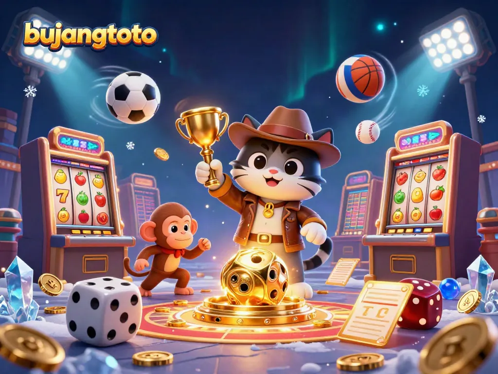 Bujangtoto showcases a cat explorer discovering treasures amidst vibrant slots and coins.