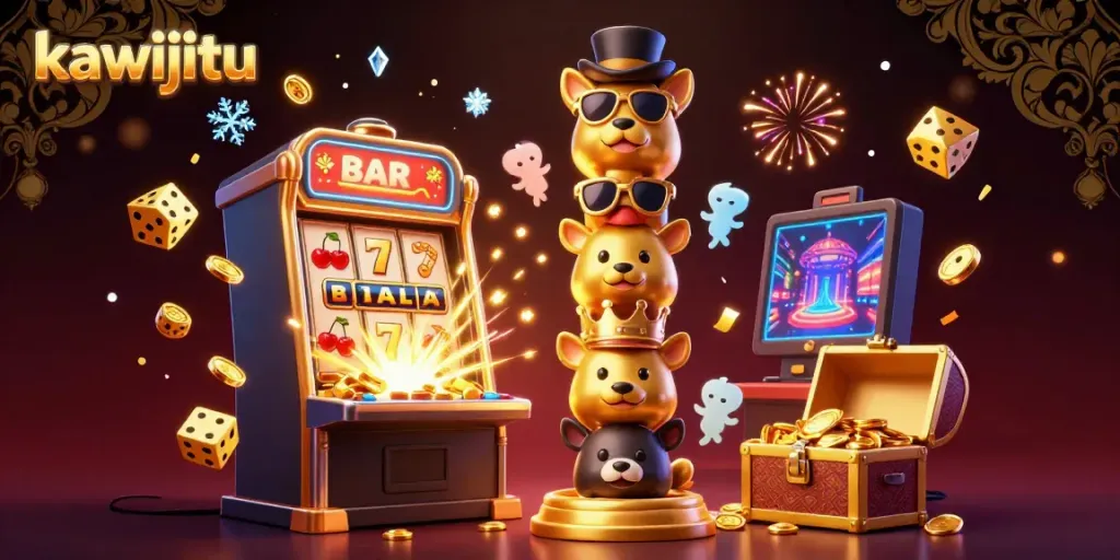 Kawijitu animated scene showing vibrant casino action with a golden totem pole and a jackpot explosion.