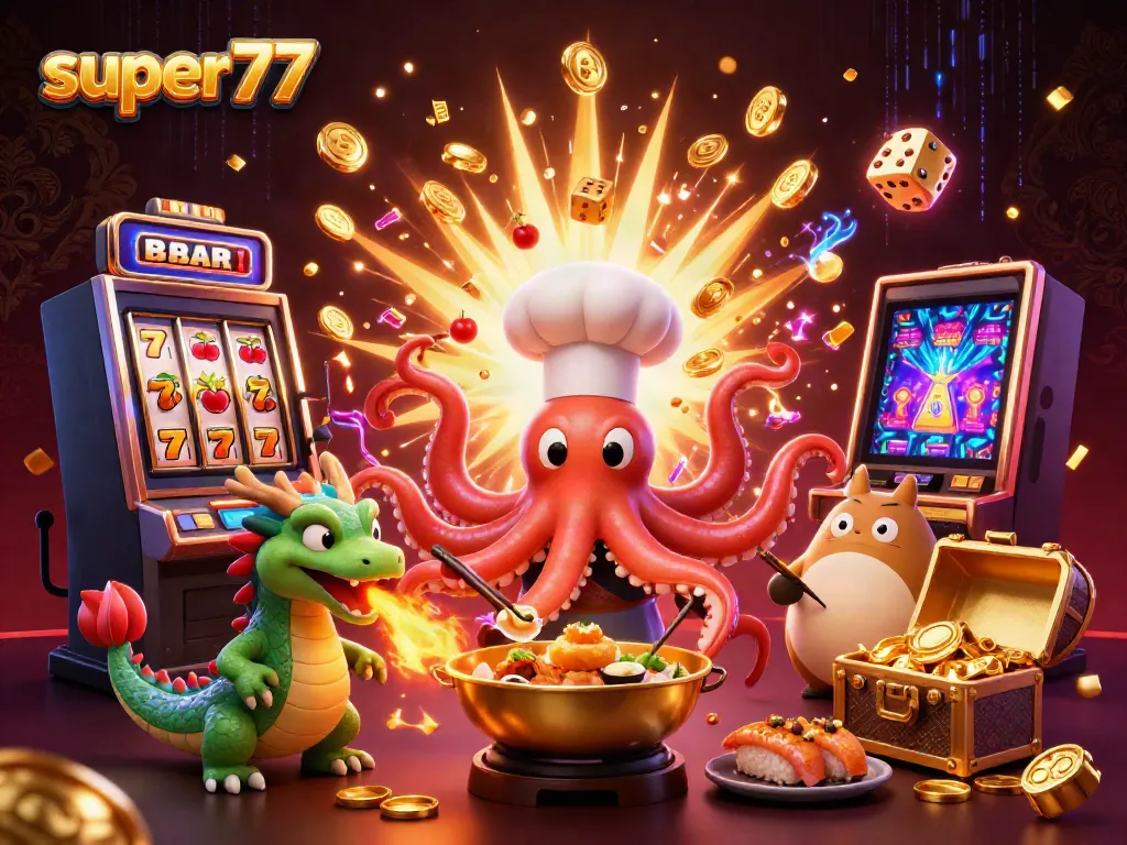 Engage in super77's vibrant slot games with a chef octopus, dragon, and tanuki.