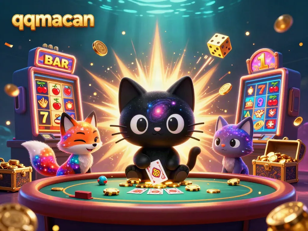 Experience thrilling gaming with qqmacan and its captivating 3D cosmic casino scene, showcasing dynamic slot action.