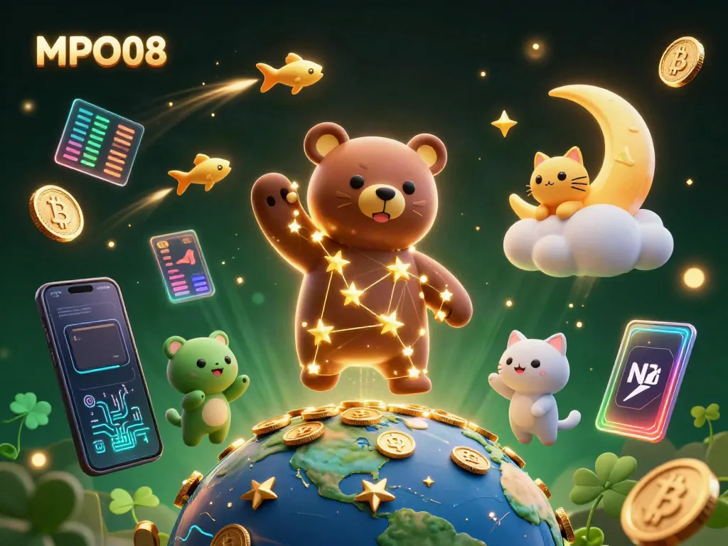 Experience the excitement of MPO08 with vibrant casino-themed elements, featuring a constellation bear and golden coins.