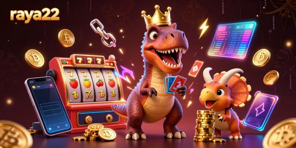 Gim slot interaktif bersama raja togel raya22, dinosaurus, dan simbol kekayaan digital.