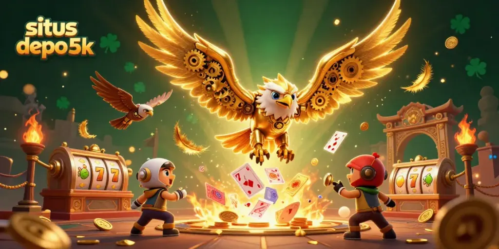 Experience thrilling gameplay at situs depo 5k with a vivid scene of a cybernetic eagle soaring through slots.