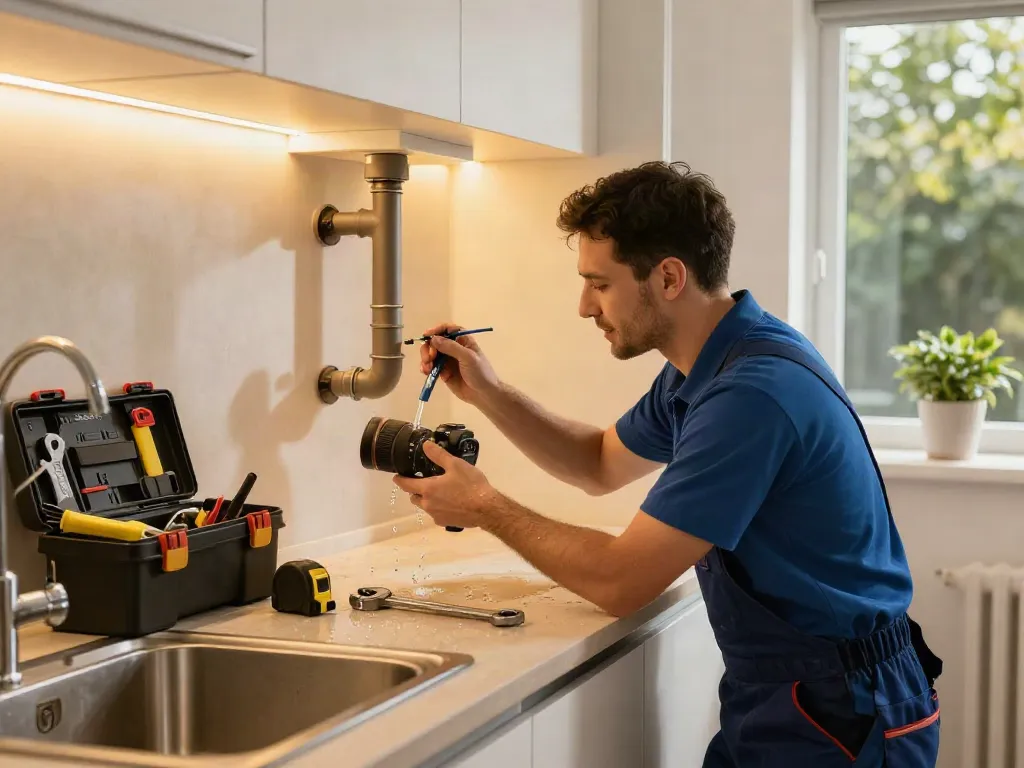 Reliable plumber from wefix london fixing kitchen pipe leak with tools in bright kitchen space.