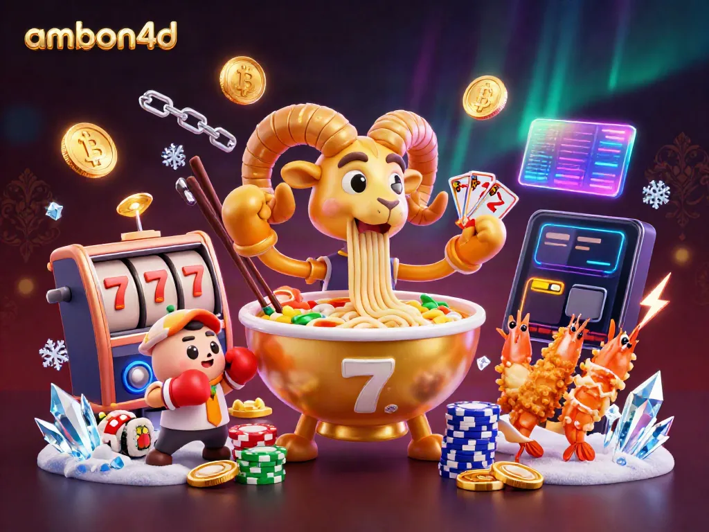 Ambon4d offers thrilling slot gameplay with vibrant characters and glowing cryptocurrency elements.