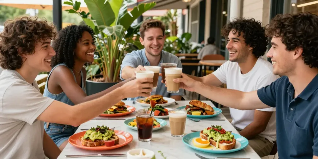 Friends enjoying NYC-inspired breakfast sandwiches at the best brunch Austin.