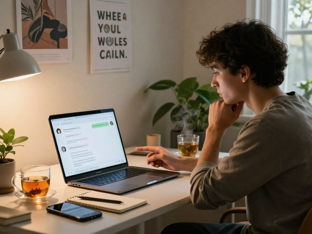 Engaging user with AI chat nsfw technology in a cozy workspace.