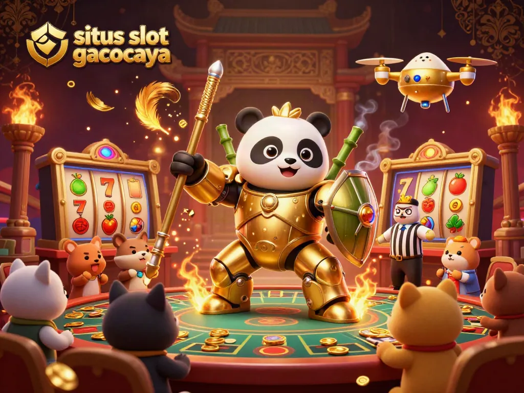 Engaging scene with a mech-suit golden panda in a vibrant casino arena, representing situs slot gacor terpercaya.