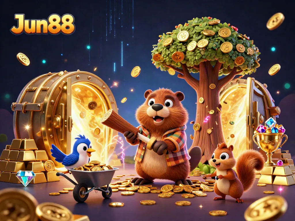 Experience the thrill of Jun88 with an animated casino scene featuring characters and shimmering treasures.