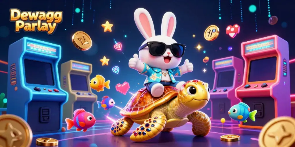 Experience thrilling Dewagg Parlay action with vibrant characters and a dynamic casino scene.
