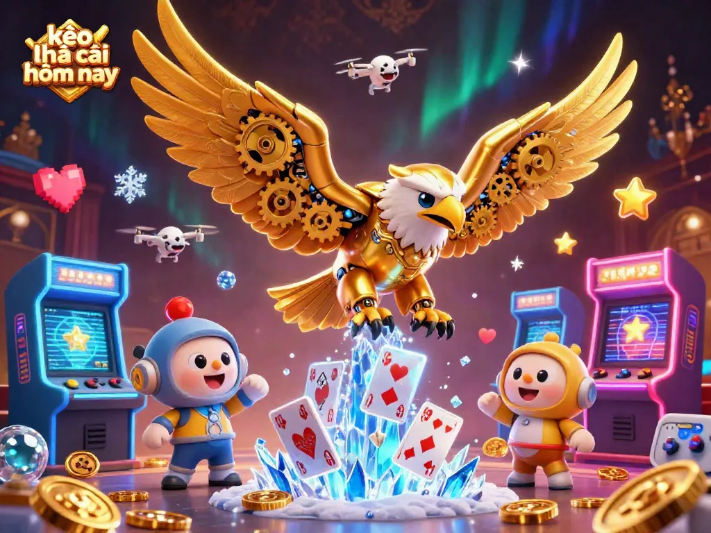 Bet on kèo nhà cái hôm nay with a dynamic 3D illustration of a cybernetic golden eagle diving through playing cards.