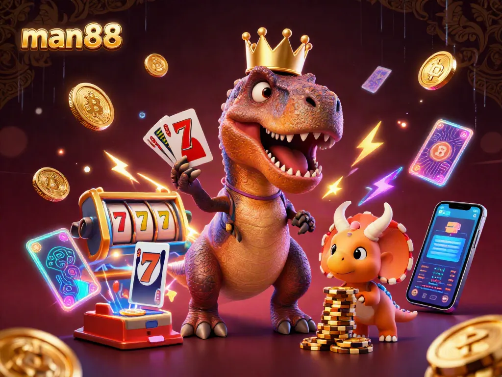 Experience winning at man88 with a vibrant slot-themed illustration featuring fun dinosaur characters.