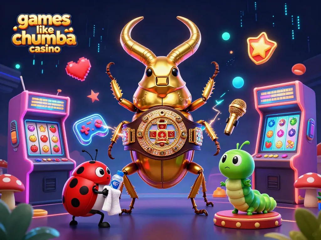Engage in games like Chumba Casino with an exciting illustration of a giant beetle and quirky characters.
