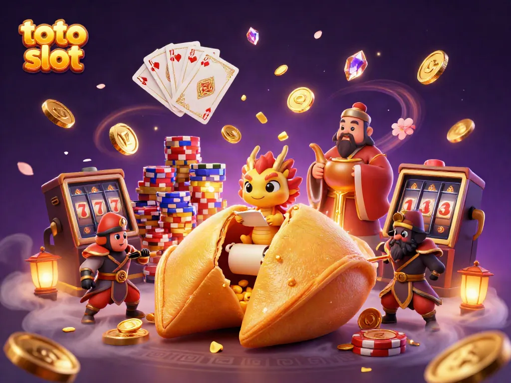 Win big while enjoying toto slot with a golden fortune cookie, dragon, and casino elements in action.