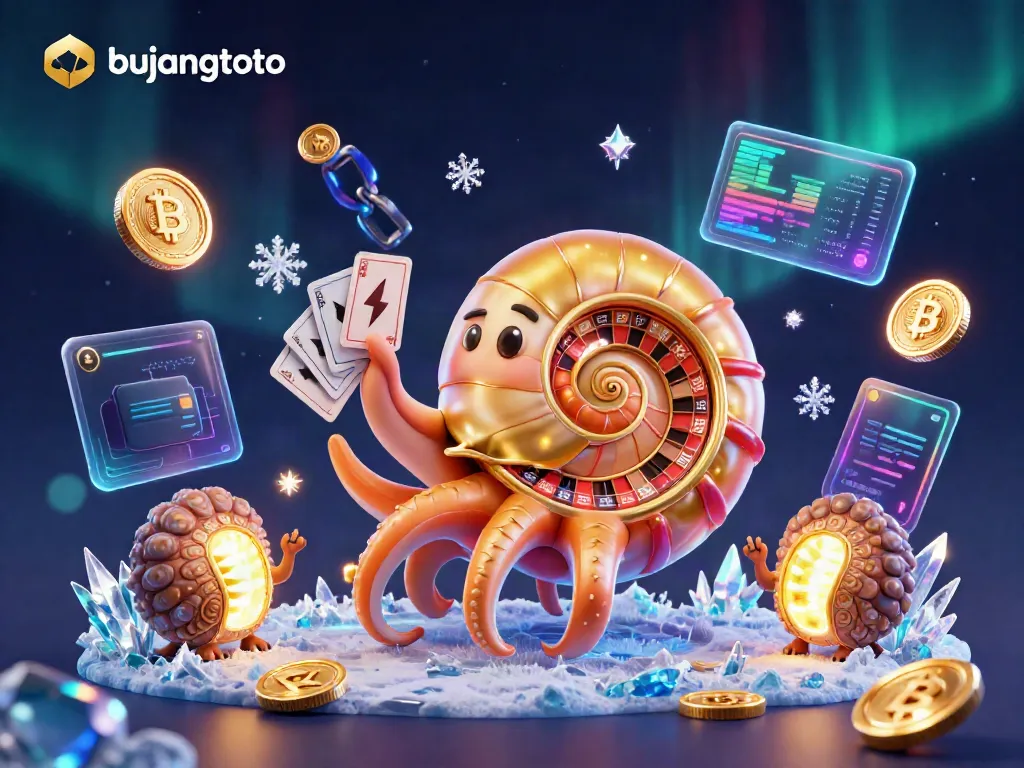 Engage with bujangtoto's vibrant 3D casino scene featuring a nautilus roulette wheel and crypto elements.