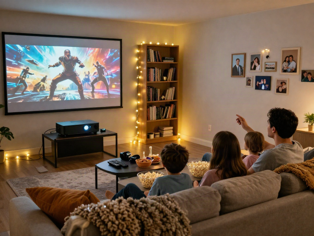 Family enjoying Moviebox movie night in a cozy home theater.