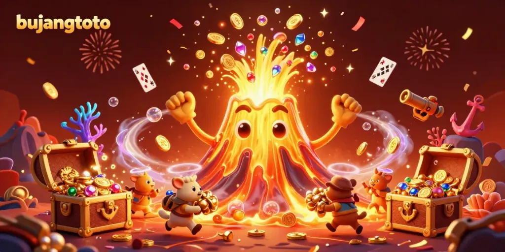 Experience the thrill of winning with bujangtoto's explosive gaming adventure featuring a golden volcano and treasure in celebration.