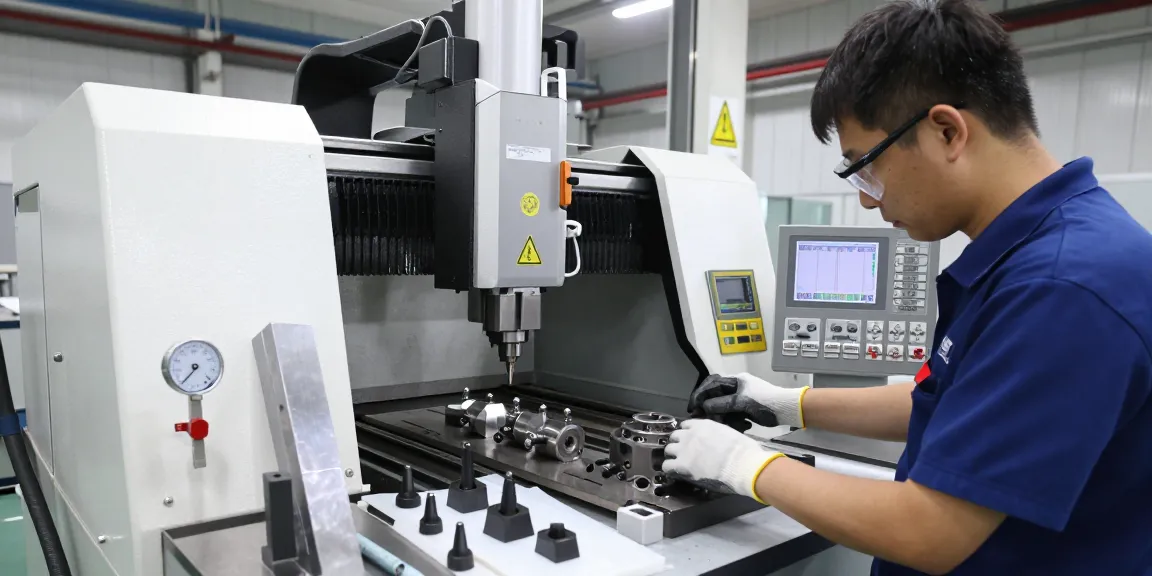 CNC machining parts being crafted by skilled technician in a precision manufacturing workshop