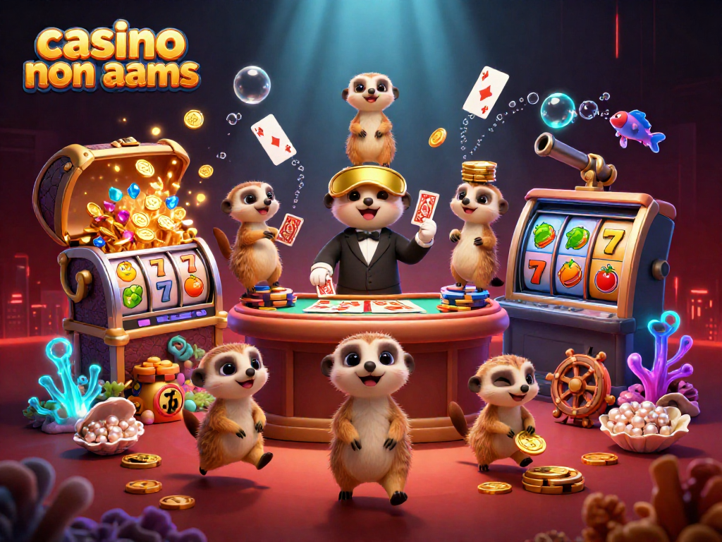 Attività vivace nel casino non aams, dove un gruppo di suricati gestisce un'operazione di gioco con slot e simboli d'oro.