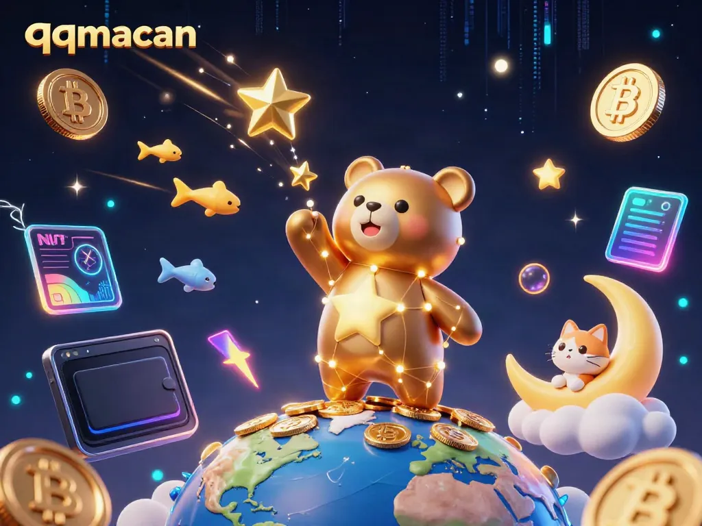 Engage with luptuous games on qqmacan featuring a celestial bear, coins, and vibrant crypto elements.