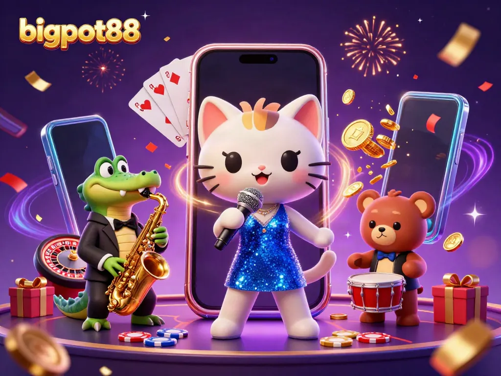 Experience bigpot88 with festive gaming characters on a vibrant casino stage.