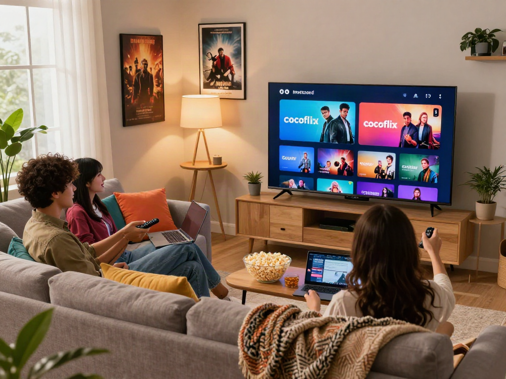 Cocoflix streaming platform experience with young adults enjoying movies in a cozy living room.