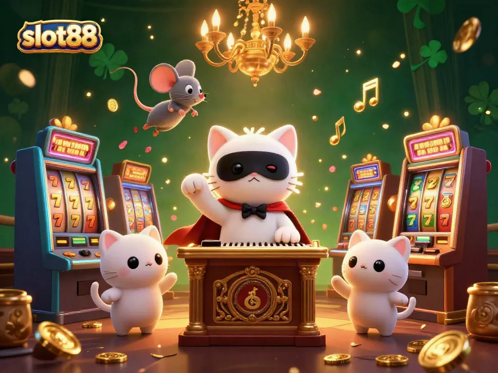 Experience the thrill of slot88 with a vibrant casino scene featuring lively characters and golden symbols.