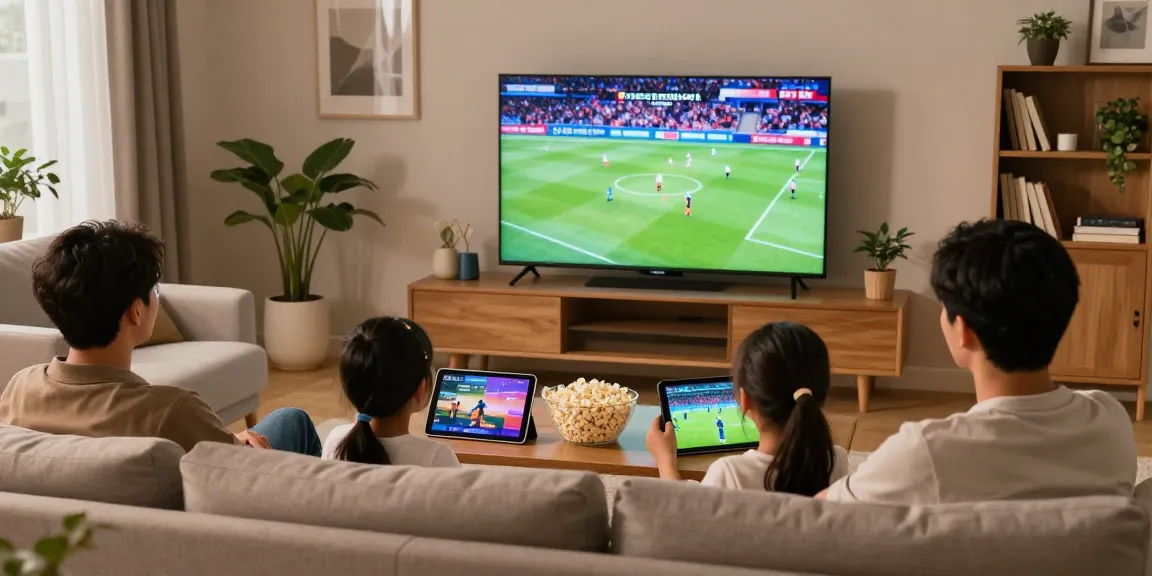 Gezellige woonkamer met een gezin dat geniet van Nederlandse IPTV met 4K sport en films.