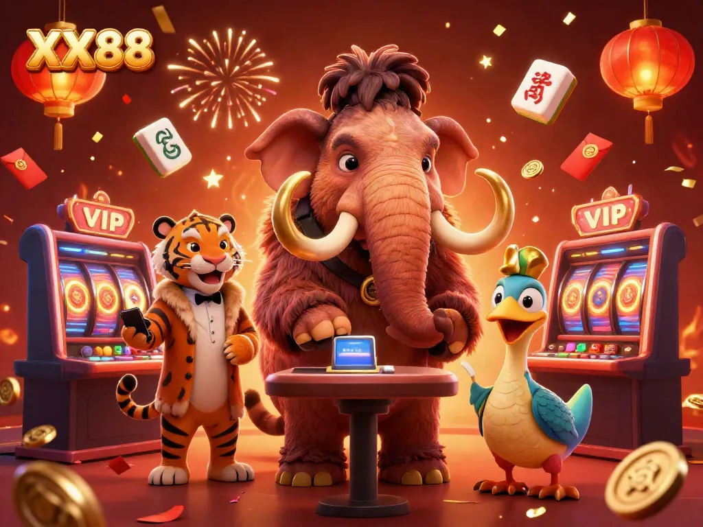 Experience the excitement of XX88 with our vibrant casino scene featuring unique animal characters.