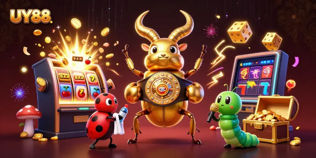 Experience thrilling casino action at UY88 with a giant golden stag beetle boxing champion in a vibrant gaming scene.
