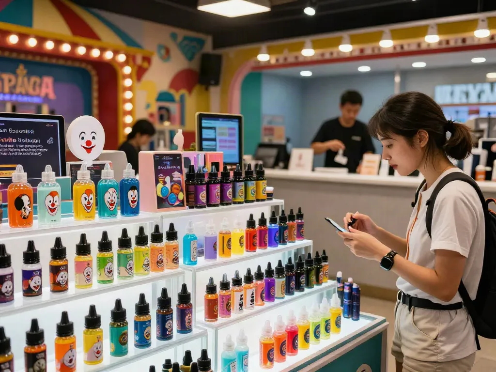 Exploring colorful Clown e liquid bottles in a vibrant vape shop.