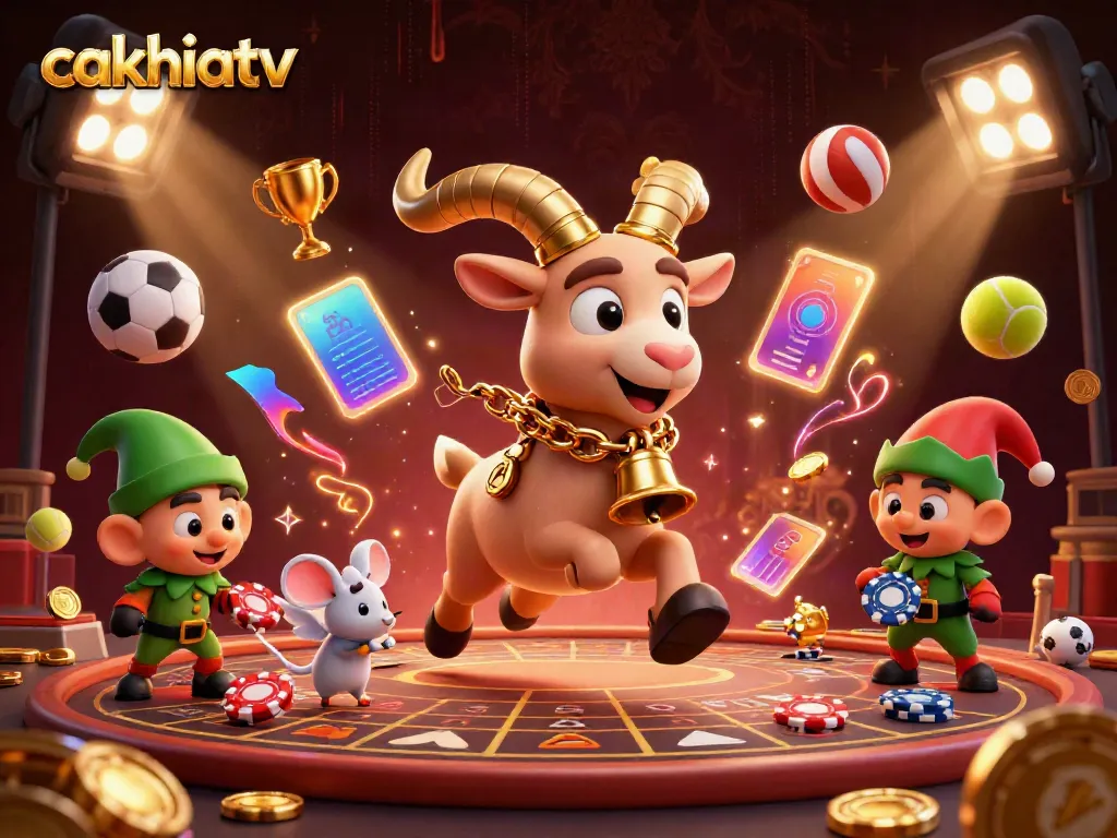 Cakhiatv showcases a vibrant casino scene with playful characters amidst sports betting elements.