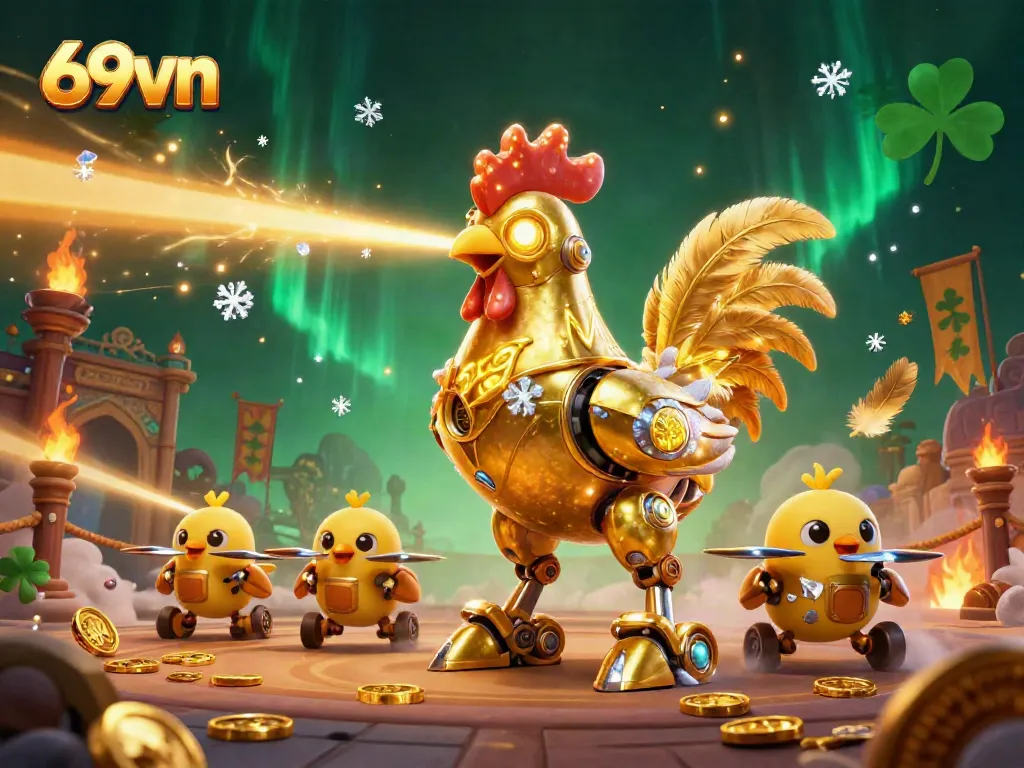 Experience thrilling gaming at 69vn with an electrifying golden rooster and baby chick drones.