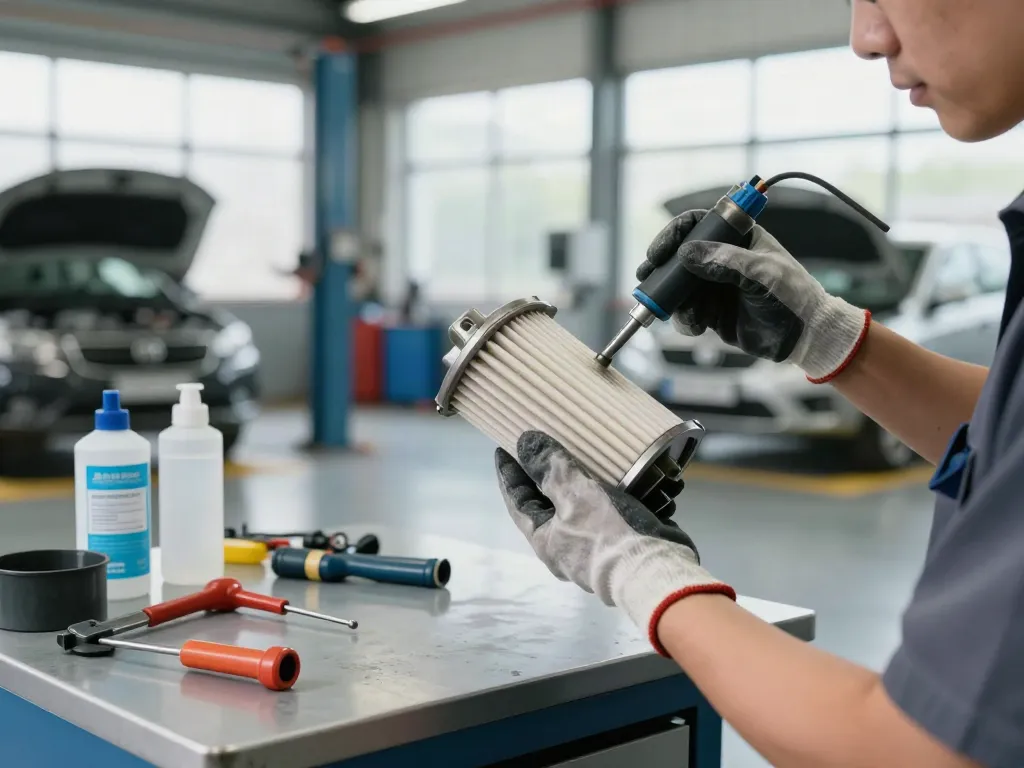 Mechaniker reinigt DPF im Werkstattbereich mit Werkzeugen und Reinigungsmitteln für effektives DPF reinigen.