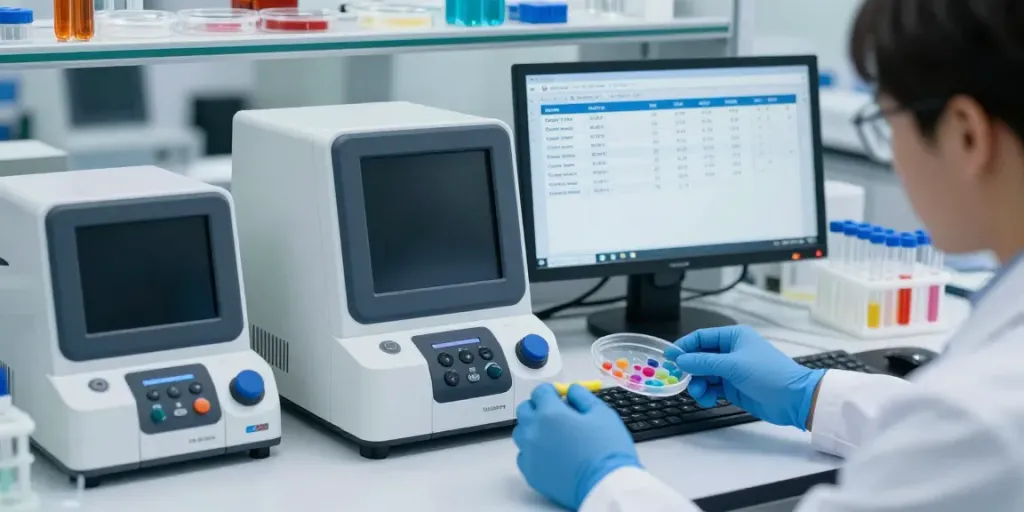 Researcher examining peptide prices on a high-tech workstation in a modern lab.
