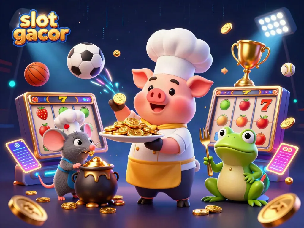 Engaging slot gacor scene with a chef pig, a mouse, and frog amidst bright casino elements.