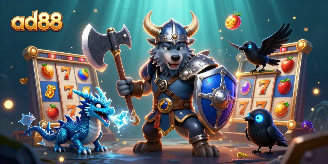 Enjoy thrilling slot adventures with ad88’s wolf warrior and dragon in this vibrant casino scene.