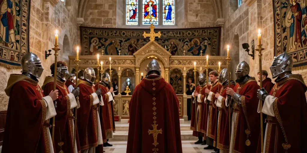 Cérémonie de l'ordre militaire et hospitalier de Saint-Lazare de Jérusalem dans une chapelle historique, mettant en avant l'engagement et la solidarité.