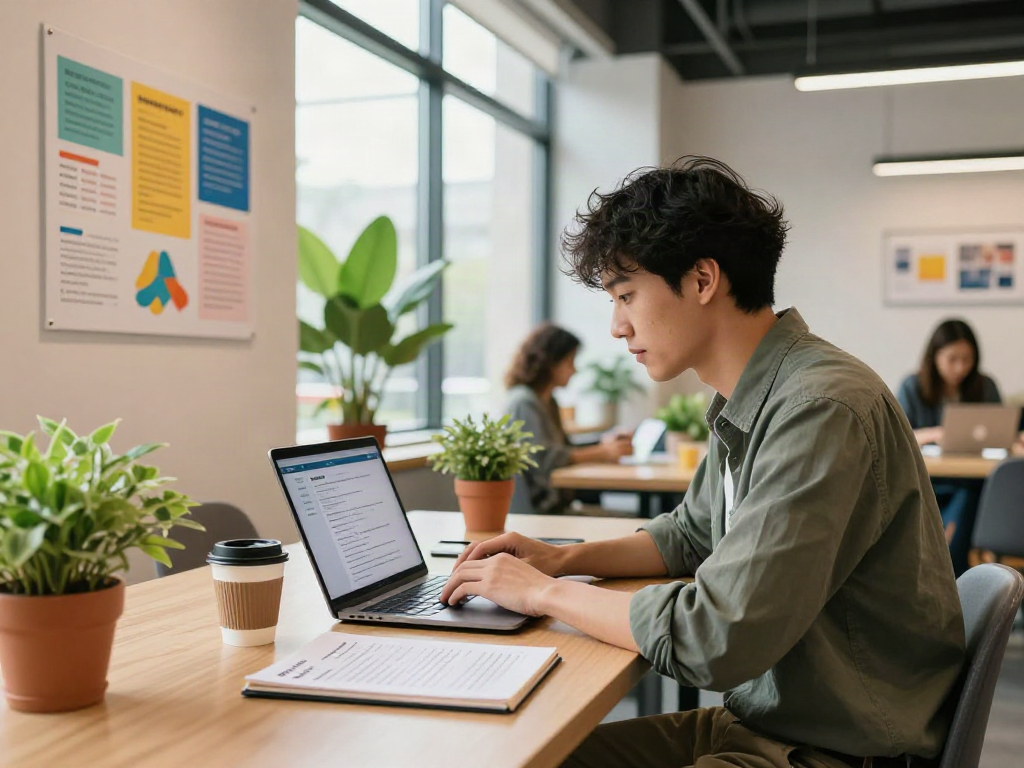 Young professional searching for หางาน listings in a modern office.