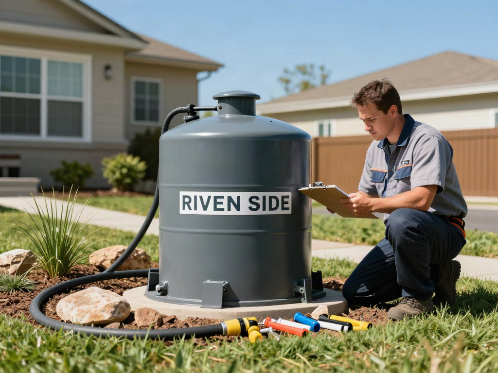 Septic tanks Riverside are inspected by a technician amidst a beautiful backyard setup, emphasizing home maintenance.