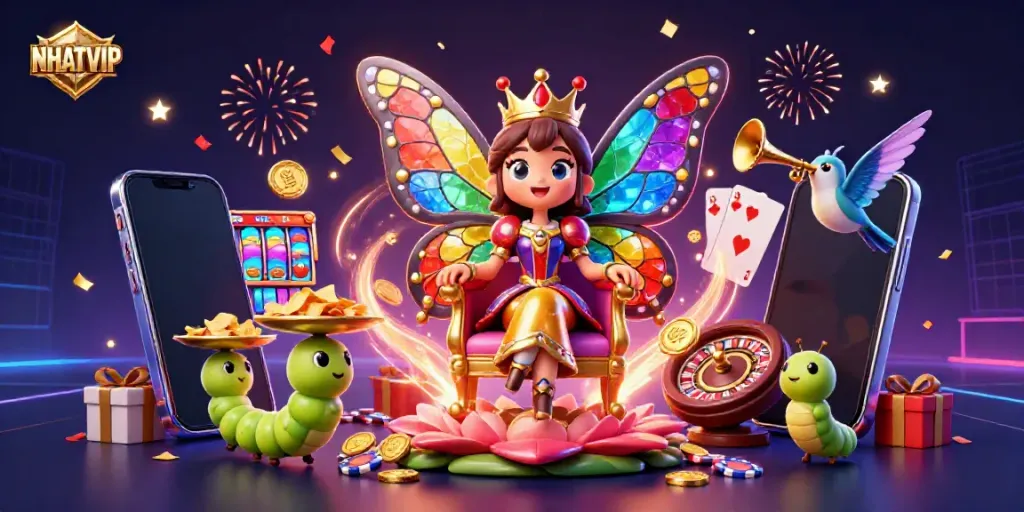Experience the vibrant world of NHATVIP with a colorful online gaming illustration featuring a butterfly queen and dynamic casino elements.